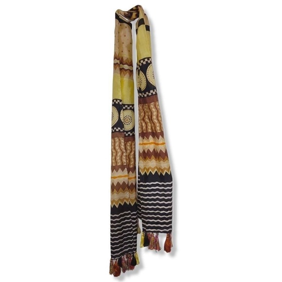 Echo Scarf Brown Black Yellow Patterned Tassel Lightweight Fashion Accessory - Picture 1 of 10